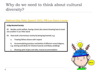 Why do we need to think about cultural
diversity?

National Day Rally Speech 2012, PM Lee Hsien Loong
 