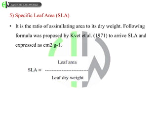 5) Specific Leaf Area (SLA)
• It is the ratio of assimilating area to its dry weight. Following
formula was proposed by Kvet et al. (1971) to arrive SLA and
expressed as cm2 g-1.
AgriHORTICO’s WORLD
 