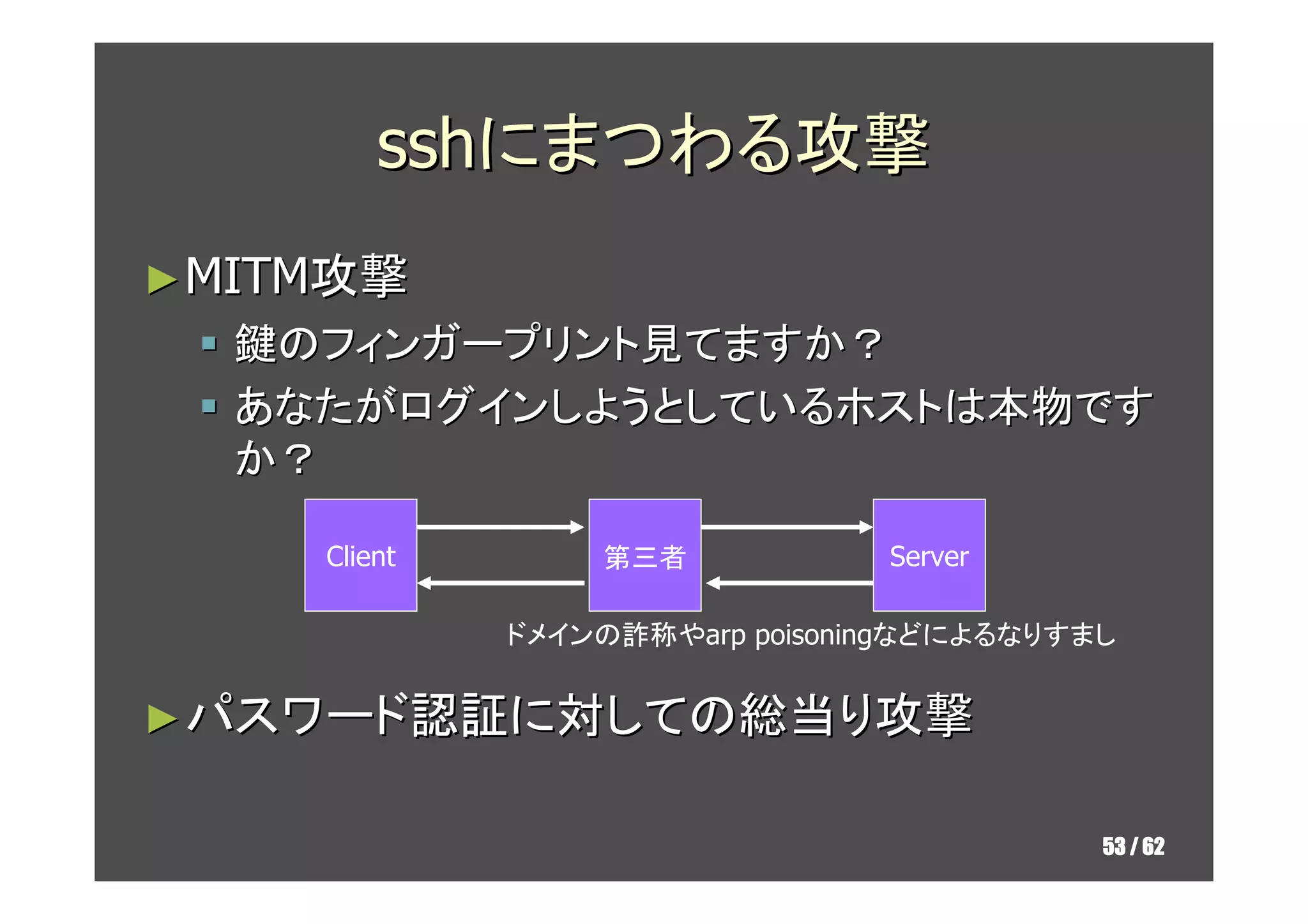 sshにまつわる攻撃
► MITM攻撃
  鍵のフィンガープリント見てますか？
  あなたがログインしようとしているホストは本物です
  か？

     Client       第三者            Server

              ドメインの詐称やarp poisoningなどによるなりすまし


► パスワード認証に対しての総当り攻撃


                                            53 / 62
 