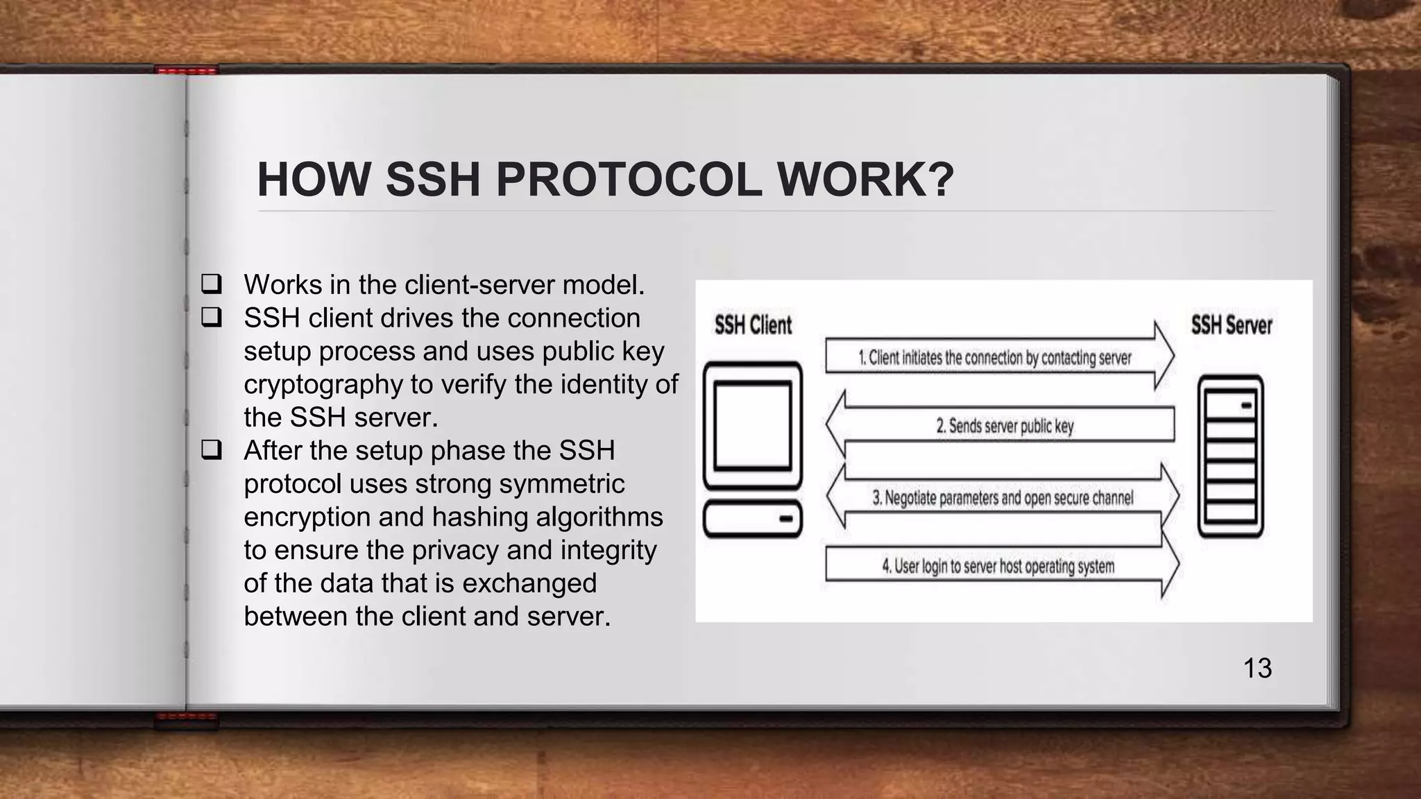 HOW SSH PROTOCOL WORK? 13  Works in the client-server model.  SSH client drives the connection setup process and uses public key cryptography to verify the identity of the SSH server.  After the setup phase the SSH protocol uses strong symmetric encryption and hashing algorithms to ensure the privacy and integrity of the data that is exchanged between the client and server. 