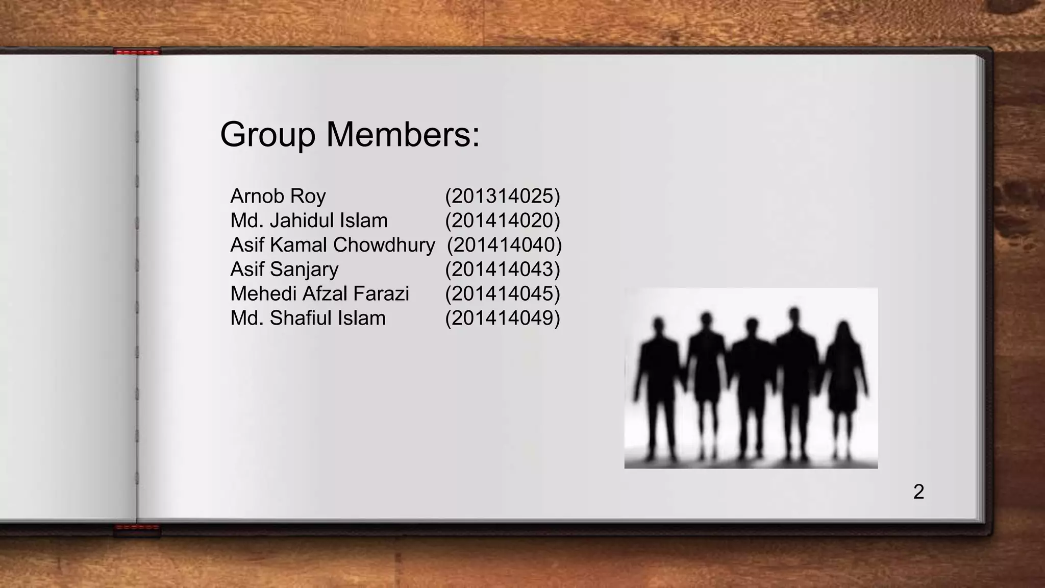 2 Group Members: Arnob Roy (201314025) Md. Jahidul Islam (201414020) Asif Kamal Chowdhury (201414040) Asif Sanjary (201414043) Mehedi Afzal Farazi (201414045) Md. Shafiul Islam (201414049) 