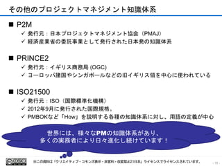 その他のプロジェクトマネジメント知識体系 
 P2M 
 発行元：日本プロジェクトマネジメント協会（PMAJ） 
 経済産業省の委託事業として発行された日本発の知識体系 
 PRINCE2 
 発行元：イギリス商務局(OGC) 
 ヨーロッパ諸国やシンガポールなどの旧イギリス領を中心に使われている 
 ISO21500 
 発行元：ISO（国際標準化機構） 
 2012年9月に発行された国際規格。 
 PMBOKなど「How」を説明する各種の知識体系に対し、用語の定義が中心 
世界には、様々なPMの知識体系があり、 
多くの実務者により日々進化し続けています！ 
※この資料は「クリエイティブ・コモンズ表示・非営利・改変禁止2.1日本」ライセンスでライセンスされています。- 18 - 
 
