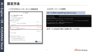 AI×Engine×OS
=
KUSANAGI
Stack
4
設定方法
ssh -D 9600 hoge@hoge.sakura.ne.jp
1.ブラウザのインターネット接続設定 2.SSHサーバーへの接続
※ポートは9600で無く任意のポートでOK
 