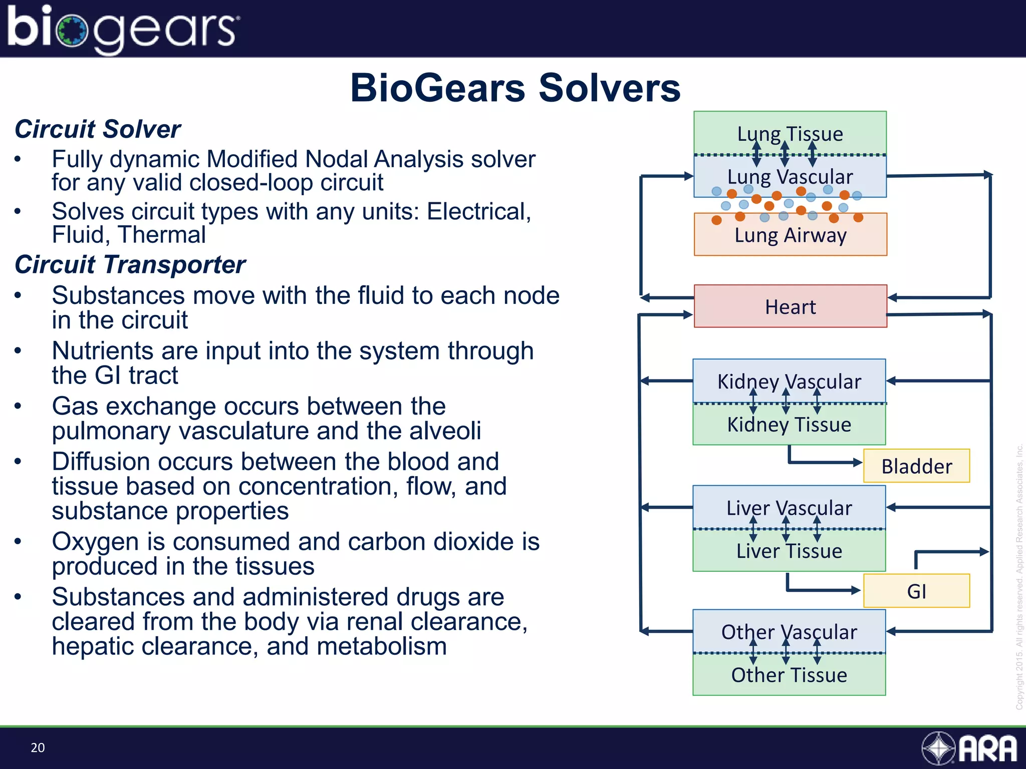 20
BioGears Solvers
Circuit Solver
• Fully dynamic Modified Nodal Analysis solver
for any valid closed-loop circuit
• Solves circuit types with any units: Electrical,
Fluid, Thermal
Circuit Transporter
• Substances move with the fluid to each node
in the circuit
• Nutrients are input into the system through
the GI tract
• Gas exchange occurs between the
pulmonary vasculature and the alveoli
• Diffusion occurs between the blood and
tissue based on concentration, flow, and
substance properties
• Oxygen is consumed and carbon dioxide is
produced in the tissues
• Substances and administered drugs are
cleared from the body via renal clearance,
hepatic clearance, and metabolism
Lung Vascular
Lung Tissue
Heart
Kidney Tissue
Kidney Vascular
Lung Airway
Liver Tissue
Liver Vascular
Other Tissue
Other Vascular
Bladder
GI
 