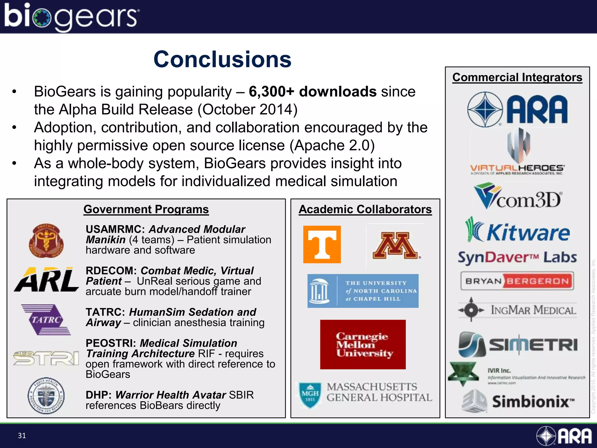 31
Conclusions
Commercial Integrators
Academic CollaboratorsGovernment Programs
• BioGears is gaining popularity – 6,300+ downloads since
the Alpha Build Release (October 2014)
• Adoption, contribution, and collaboration encouraged by the
highly permissive open source license (Apache 2.0)
• As a whole-body system, BioGears provides insight into
integrating models for individualized medical simulation
USAMRMC: Advanced Modular
Manikin (4 teams) – Patient simulation
hardware and software
RDECOM: Combat Medic, Virtual
Patient – UnReal serious game and
arcuate burn model/handoff trainer
TATRC: HumanSim Sedation and
Airway – clinician anesthesia training
PEOSTRI: Medical Simulation
Training Architecture RIF - requires
open framework with direct reference to
BioGears
DHP: Warrior Health Avatar SBIR
references BioBears directly
 