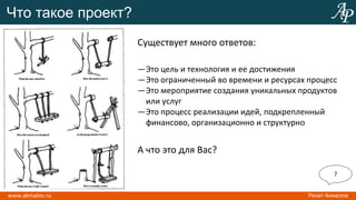Что такое проект?
                    Существует много ответов:

                    ―Это цель и технология и ее достижения
                    ―Это ограниченный во времени и ресурсах процесс
                    ―Это мероприятие создания уникальных продуктов
                     или услуг
                    ―Это процесс реализации идей, подкрепленный
                     финансово, организационно и структурно


                    А что это для Вас?

                                                                  ?
 