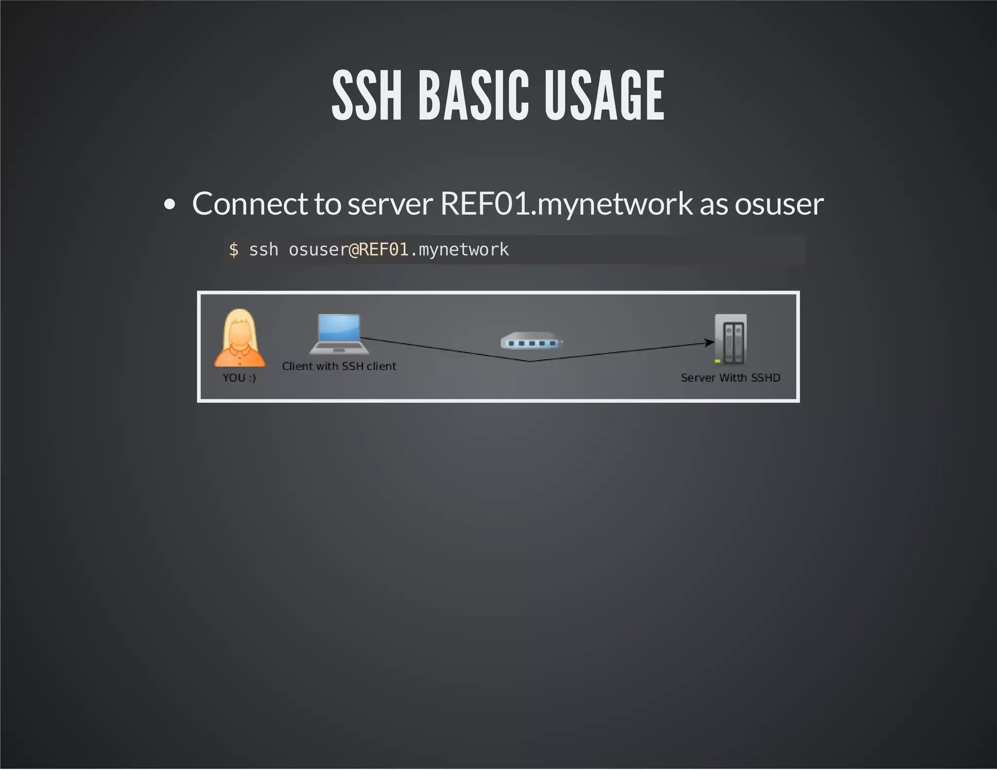 SSH BASIC USAGE Connect to server REF01.mynetwork as osuser $ ssh osuser@REF01.mynetwork 