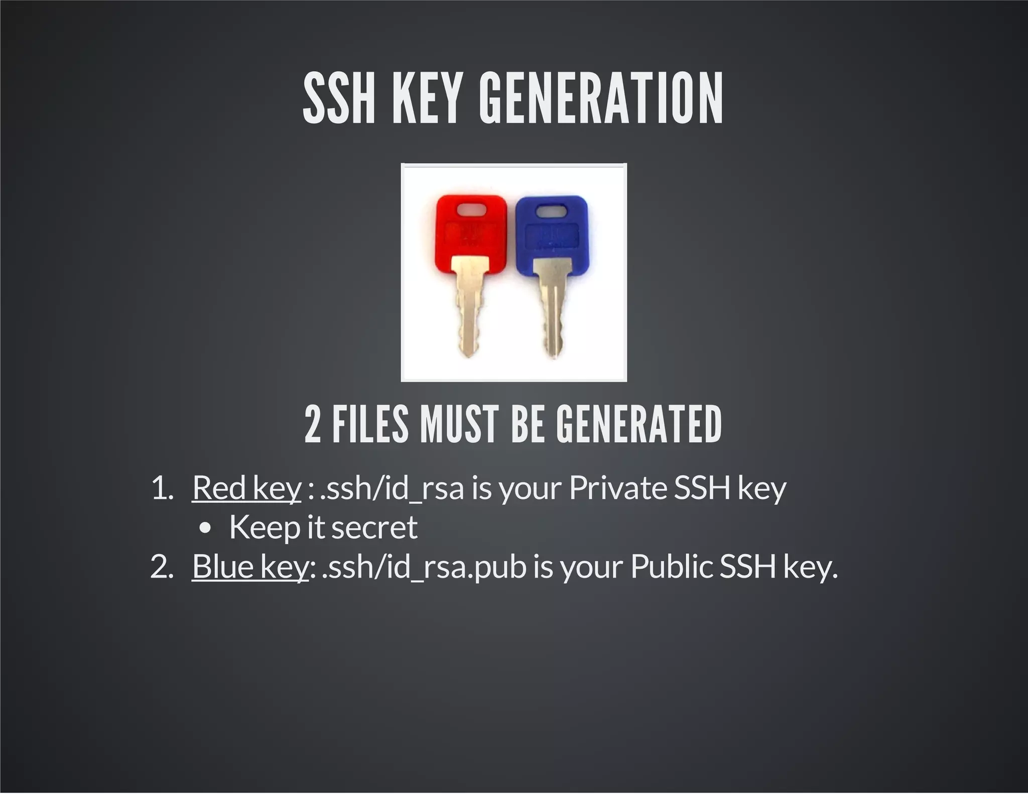 SSH KEY GENERATION 2 FILES MUST BE GENERATED 1. Red key : .ssh/id_rsa is your Private SSH key Keep it secret 2. Blue key: .ssh/id_rsa.pub is your Public SSH key. 