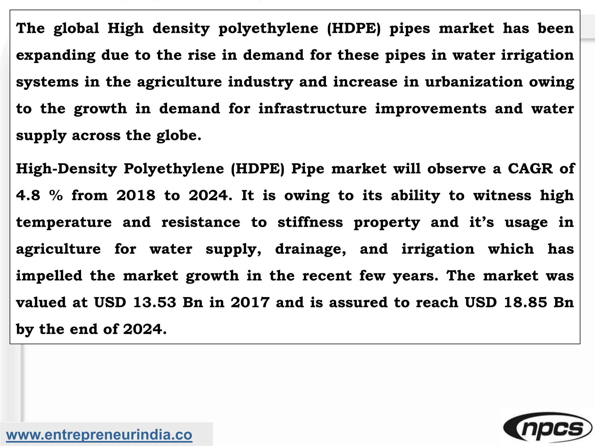 www.entrepreneurindia.co
The global High density polyethylene (HDPE) pipes market has been
expanding due to the rise in demand for these pipes in water irrigation
systems in the agriculture industry and increase in urbanization owing
to the growth in demand for infrastructure improvements and water
supply across the globe.
High-Density Polyethylene (HDPE) Pipe market will observe a CAGR of
4.8 % from 2018 to 2024. It is owing to its ability to witness high
temperature and resistance to stiffness property and it’s usage in
agriculture for water supply, drainage, and irrigation which has
impelled the market growth in the recent few years. The market was
valued at USD 13.53 Bn in 2017 and is assured to reach USD 18.85 Bn
by the end of 2024.
 