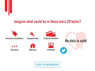 VIEW THE INFOGRAPHIC
Imagine what could be in those extra 29 bytes?
No data is safe!
Passwords Addresses Full Names
Credit Card NumbersEncryption Keys
***
Social Security Numbers
 