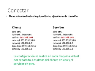 Conectar
• Ahora estando desde el equipo cliente, ejecutamos la conexión
auto eth1
iface eth1 inet static
address 192.168.2.60
netmask 255.255.255.0
network 192.168.2.0
broadcast 192.168.2.255
gateway 192.168.2.1
auto eth1
iface eth1 inet static
address 192.168.2.62
netmask 255.255.255.0
network 192.168.2.0
broadcast 192.168.2.255
gateway 192.168.2.1
Cliente Servidor
La configuración se realiza en cada maquina virtual
por separado. Los datos del cliente en una y el
servidor en otra.
 