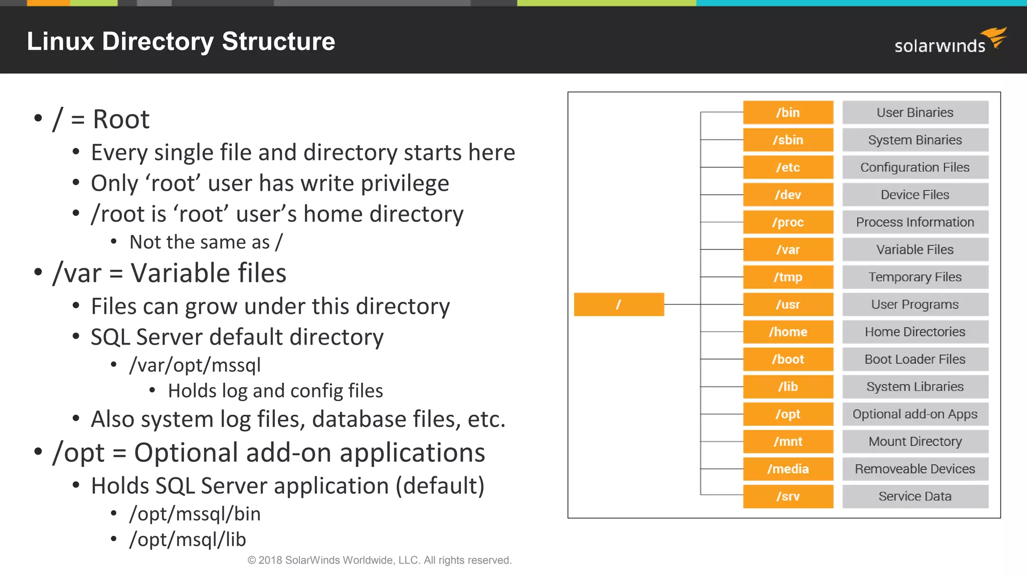 © 2018 SolarWinds Worldwide, LLC. All rights reserved.
• / = Root
• Every single file and directory starts here
• Only ‘root’ user has write privilege
• /root is ‘root’ user’s home directory
• Not the same as /
• /var = Variable files
• Files can grow under this directory
• SQL Server default directory
• /var/opt/mssql
• Holds log and config files
• Also system log files, database files, etc.
• /opt = Optional add-on applications
• Holds SQL Server application (default)
• /opt/mssql/bin
• /opt/msql/lib
Linux Directory Structure
 