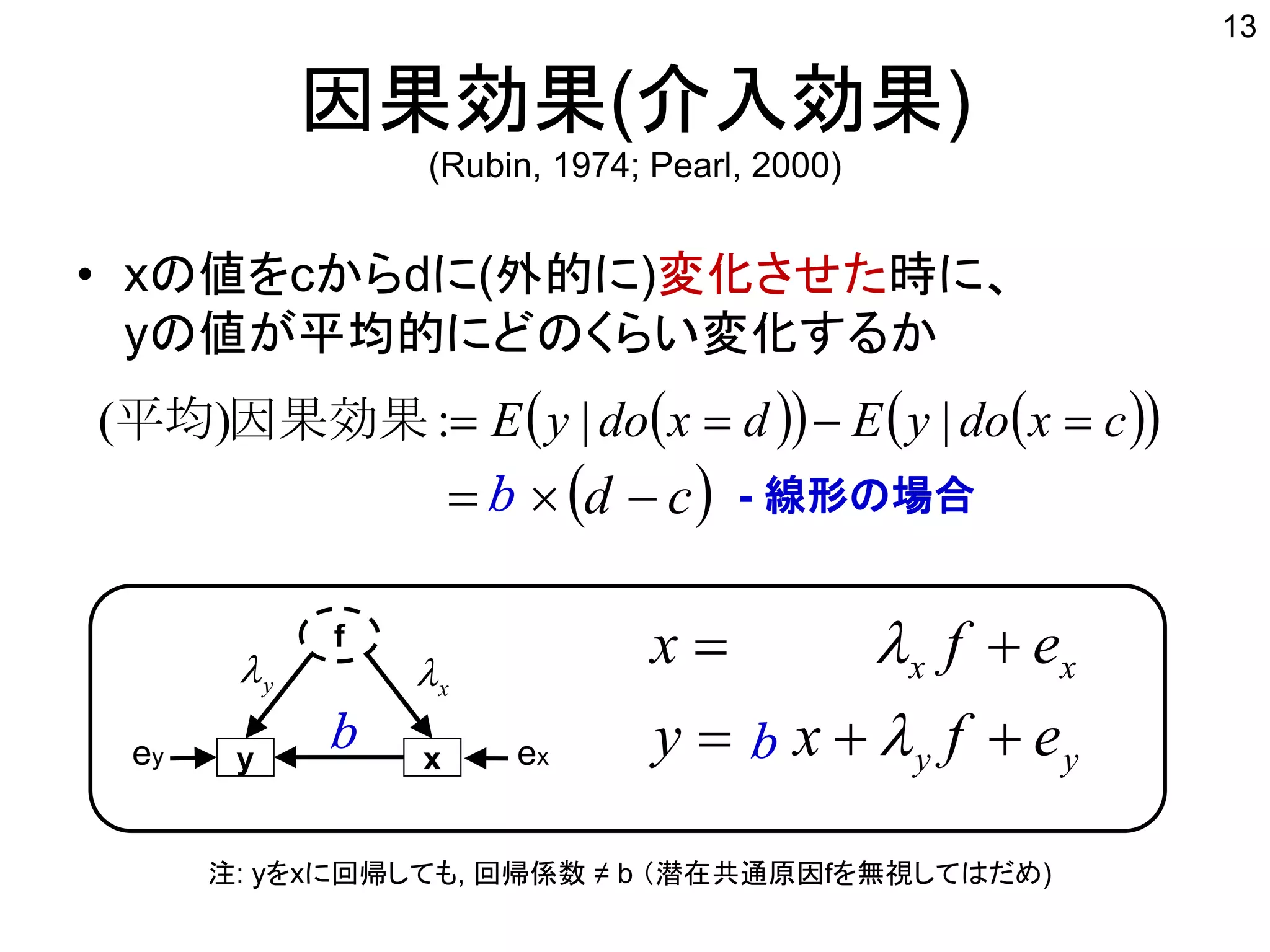 因果効果(介入効果)
(Rubin, 1974; Pearl, 2000)
• xの値をcからdに(外的に)変化させた時に、
yの値が平均的にどのくらい変化するか
13
y x
f
ey ex
     cxdoyEdxdoyE  ||:)( 因果効果平均
 cd  - 線形の場合
yy
xx
efxy
efx




xy
b
b b
注: yをxに回帰しても, 回帰係数 ≠ b （潜在共通原因fを無視してはだめ)
 