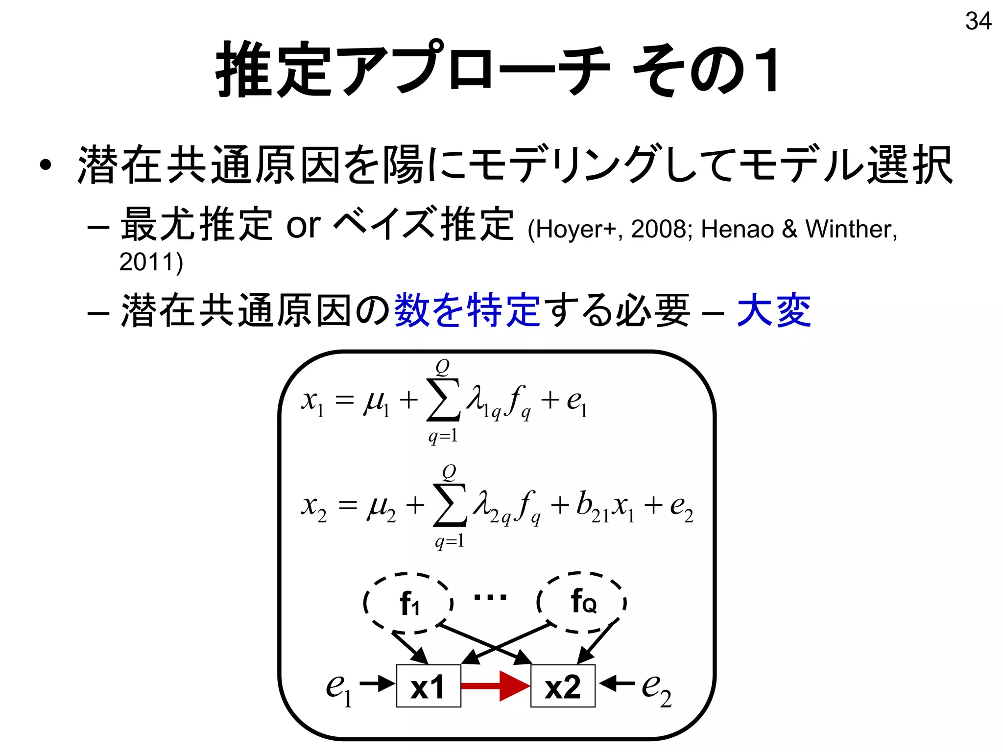推定アプローチ その１
• 潜在共通原因を陽にモデリングしてモデル選択
– 最尤推定 or ベイズ推定 (Hoyer+, 2008; Henao & Winther,
2011)
– 潜在共通原因の数を特定する必要 – 大変
34
x1 x2
f1 fQ
…
2e1e
2121
1
222
1
1
111
exbfx
efx
Q
q
qq
Q
q
qq








 