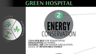 E
C
O
L
O
G
I
C
A
L
E
C
O
N
O M I C A L
S
O
C
I
A
L
GREEN HOSPITAL
3 kVA PER BED FOR POWER RATIO
SUNLIGHTING IN WARDS
NATURAL AIR FOR INDOOR CIRCULATION
USAGE OF RENEWABLE ENERGY
 
