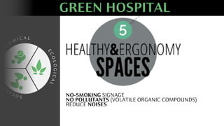 E
C
O
L
O
G
I
C
A
L
E
C
O
N
O M I C A L
S
O
C
I
A
L
GREEN HOSPITAL
NO-SMOKING SIGNAGE
NO POLLUTANTS (VOLATILE ORGANIC COMPOUNDS)
REDUCE NOISES
 