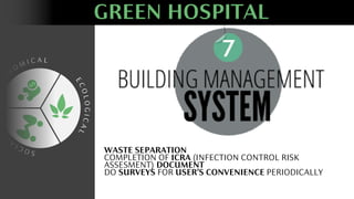 E
C
O
L
O
G
I
C
A
L
E
C
O
N
O M I C A L
S
O
C
I
A
L
GREEN HOSPITAL
WASTE SEPARATION
COMPLETION OF ICRA (INFECTION CONTROL RISK
ASSESMENT) DOCUMENT
DO SURVEYS FOR USERS CONVENIENCE PERIODICALLY
 