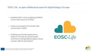This project has received funding from the European Union’s Horizon 2020
research and innovation programme under grant agreement No 824087
EOSC-Life: an open collaborative space for digital biology in Europe
• Establish EOSC-Life by publishing FAIR life
science data resources in EOSC
• Create an ecosystem of innovative life-
science tools in EOSC
• Enable ground-breaking data driven
research in Europe by connecting life
scientists to interoperable European clouds
via open calls for participation
 