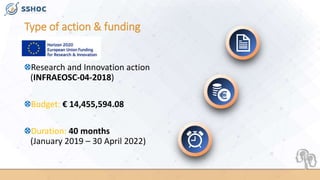 Type of action & funding
Research and Innovation action
(INFRAEOSC-04-2018)
Budget: € 14,455,594.08
Duration: 40 months
(January 2019 – 30 April 2022)
 