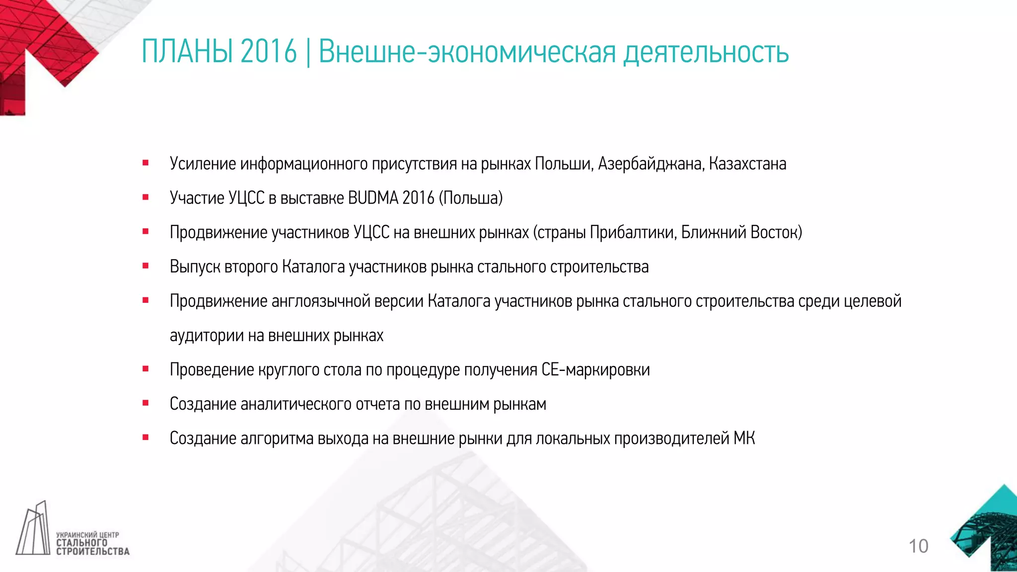 ПЛАНЫ 2016 | Внешне-экономическая деятельность
10
 Усиление информационного присутствия на рынках Польши, Азербайджана, Казахстана
 Участие УЦСС в выставке BUDMA 2016 (Польша)
 Продвижение участников УЦСС на внешних рынках (страны Прибалтики, Ближний Восток)
 Выпуск второго Каталога участников рынка стального строительства
 Продвижение англоязычной версии Каталога участников рынка стального строительства среди целевой
аудитории на внешних рынках
 Проведение круглого стола по процедуре получения СЕ-маркировки
 Создание аналитического отчета по внешним рынкам
 Создание алгоритма выхода на внешние рынки для локальных производителей МК
 