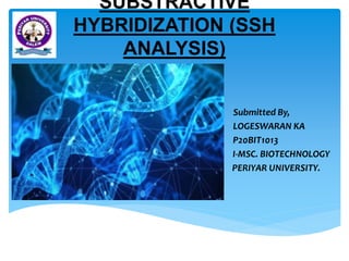 SUBSTRACTIVE
HYBRIDIZATION (SSH
ANALYSIS)
Submitted By,
LOGESWARAN KA
P20BIT1013
I-MSC. BIOTECHNOLOGY
PERIYAR UNIVERSITY.
 