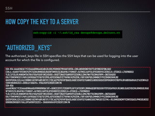 SSH
HOW COPY THE KEY TO A SERVER
ssh-copy-id -i ~/.ssh/id_rsa devops@devops.deltavn.vn
“AUTHORIZED_KEYS”
The authorized_keys ﬁle in SSH speciﬁes the SSH keys that can be used for logging into the user
account for which the ﬁle is conﬁgured.
SSH-RSA AAAAB3NZAC1YC2EAAAABIWAAAIEA0KJDLOIIXJ9XDMXICT9KVAKFUXFQI+CIIKLAN5HHSNGYOU7TIJQYONEU5FONLOAO/
CSHLA+KUARGYTRTIZWCP4TPCTXZHHJRM0GUDJRAGW7SMVIS/5XJBGAYHKJ1YUMGO7+NJTMSCLX6PFOLQYVEURIIVVCCZERGCLH+UTSXK3Z+L7HX9NIDG3/
YLOLC3F3SLXRJKN0GMTGK7BHJFXO4PGUUPJWZLVDUDX+XKIQTT2N4ISYS6N9QVFG3ZUGNLEJZM47NK/YTAC0MAX98PK+QNZSUAQOO/
ISHJ1TOW5WWSCFLPARVJ2AYROQAE7CFQG7Q12I9OLASFD3U5NAZFZCTYAVWA1KZ9UZEWLJ1BR1XOKPQOLEMM8KCP/PXZZ8H0KISKMIJI0/
QUIZOPEBSKLSZXJLALCXR8MG1UIZVWY48I9JHEYXYJ1TOCJ6CPSCPGFHP3DAGSLKKBE1EFAVFEEYGANHESLNDDG3GQ5XSSB9OKQM3V5T8GPFAJBV68BXQ4BK6HJ21A3CINV4LD
V3HR/OBUBDG2ECI+ZKRDJLPJUU4YU= VITALII@FECREDIT.COM.VN
SSH-RSA
AAAAB3NZAC1YC2EAAAABIWAAAIEAYWWHRWQ4FJHT+UUWZCZEPXTJTZOENFPOJUFYCAYSO2NTLZNWNAQEQRFBQSUXKVTOTGXGAPIKUVJRIJNBDJE6IOZVBXZHHJRM0GUDJRAG
W7SMVIS/5XJBGAYHKJ1YUMGO7+NJTMSCLX6PFOLQYVEURIIVVCCZERGCLH+UTSXK3Z+L7HX9NIDG3/
YLOLC3F3SLXRJKN0GMTGK7BHJFXO4PGUUPJWZLVDUDX+XKIQTT2N4ISYS6N9QVFG3ZUGNLEJZM47NK/YTAC0MAX98PK+QNZSUAQOO/
ISHJ1TOW5WWSCFLPARVJ2AYROQAE7CFQG7Q12I9OLASFD3U5NAZFZCTYAVWA1KZ9UZEWLJ1BR1XOKPQOLEMM8KCP/PXZZ8H0KISKMIJI0/
QUIZOPEBSKLSZXJLALCXR8MG1UIZVWY48I9JHEYXYJ1TOCJ6CPSCPGFHP3DAGSLKKBE1EFAVFEEYGANHESUXC9WKSEFZCEYMJ+RGJXMKBXNZMYYCBWSSQAEGJPMEUDLWZU2
GD0OBBZ0HXQG9J1XALLOP5AVDKFESZZCC= SHARAVARA@FECREDIT.COM.VN
 