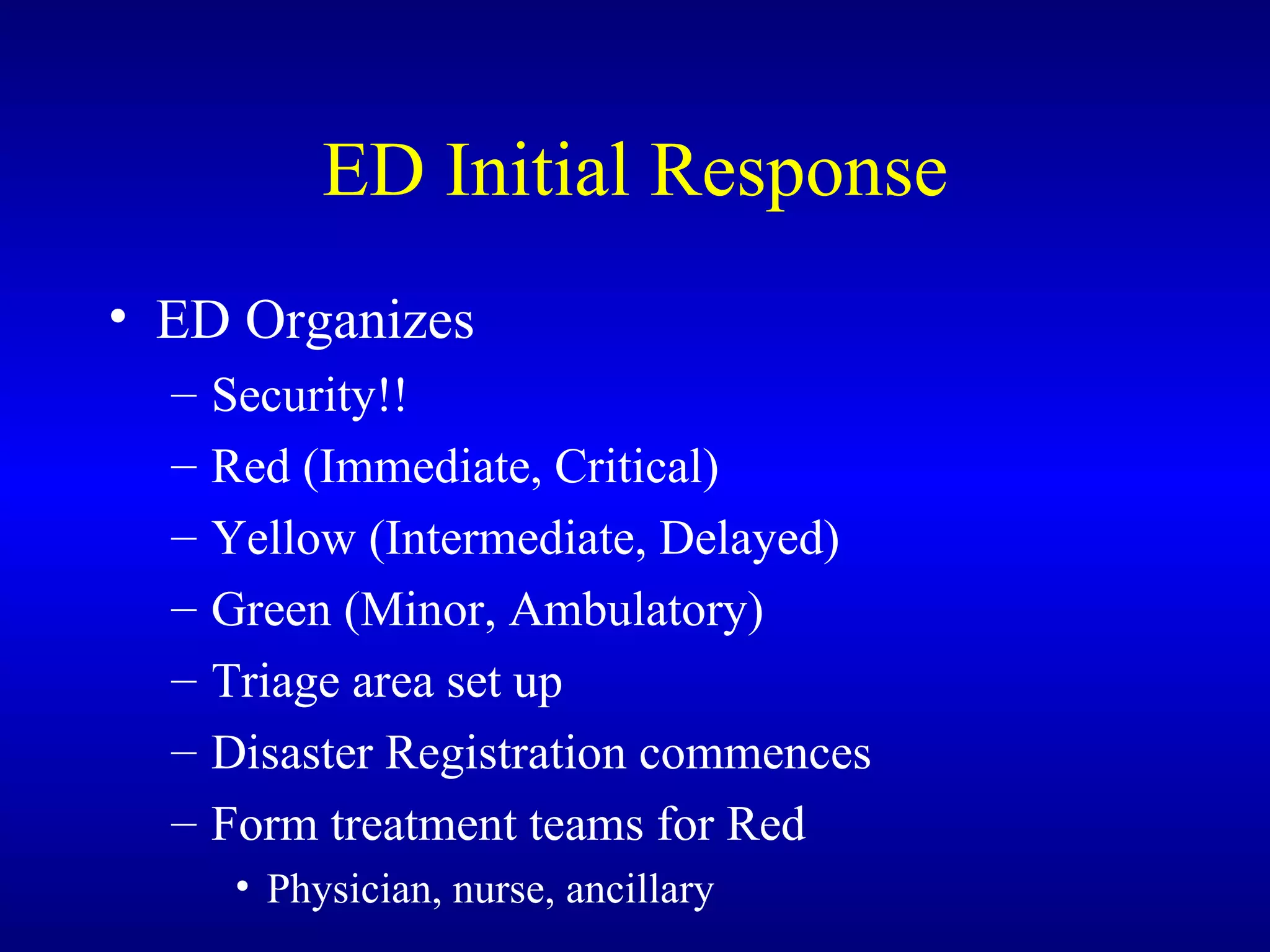 ED Initial Response ED Organizes Security!! Red (Immediate, Critical)  Yellow (Intermediate, Delayed) Green (Minor, Ambulatory) Triage area set up Disaster Registration commences Form treatment teams for Red Physician, nurse, ancillary 