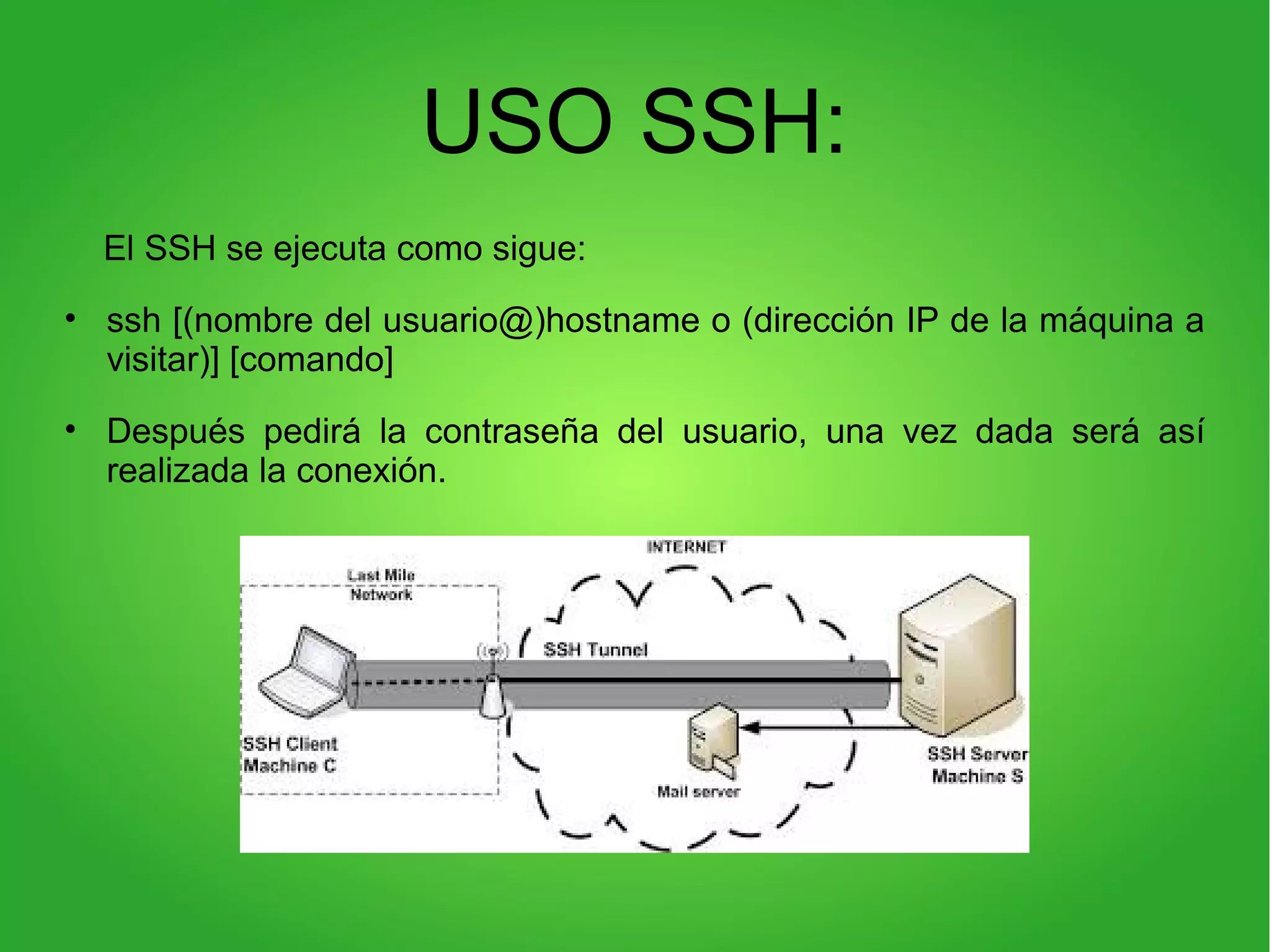 USO SSH:
El SSH se ejecuta como sigue:
• ssh [(nombre del usuario@)hostname o (dirección IP de la máquina a
visitar)] [comando]
• Después pedirá la contraseña del usuario, una vez dada será así
realizada la conexión.
 