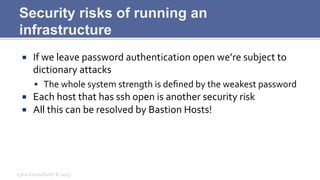 Security risks of running an
infrastructure
¡  If	
  we	
  leave	
  password	
  authentication	
  open	
  we’re	
  subjec...