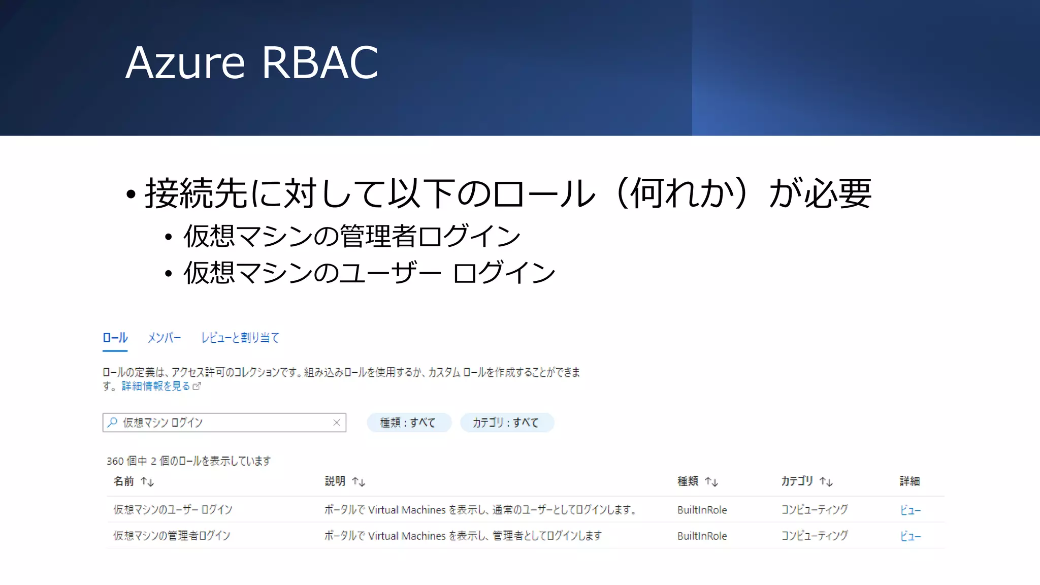 Azure RBAC
• 接続先に対して以下のロール（何れか）が必要
• 仮想マシンの管理者ログイン
• 仮想マシンのユーザー ログイン
 