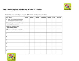 The Small Steps to Health and Wealth™ Tracker


   Instructions: Set and track your daily goals. A few sample activities are provided below.

    Daily Activity                                Sunday   Monday   Tuesday   Wednesday    Thursday   Friday   Saturday

    1.    Drank water or unsweetened beverages
          instead of sugar sweetened beverages

    2. Ate lunch prepared at home (or for free)
       instead of at deli or restaurant

    3. Saved a $1 bill (or more) and/or
       loose change in a can or jar

    4. Tracked money spent throughout the day.



    5.



    6.



    7.



    8.



    9.



    10.
 