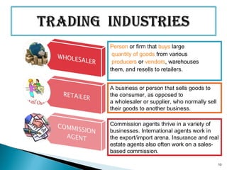Person or firm that buys large
 quantity of goods from various
 producers or vendors, warehouses 
them, and resells to retailers.
A business or person that sells goods to
the consumer, as opposed to
a wholesaler or supplier, who normally sell
their goods to another business.
Commission agents thrive in a variety of
businesses. International agents work in
the export/import arena. Insurance and real
estate agents also often work on a sales-
based commission.
10
 
