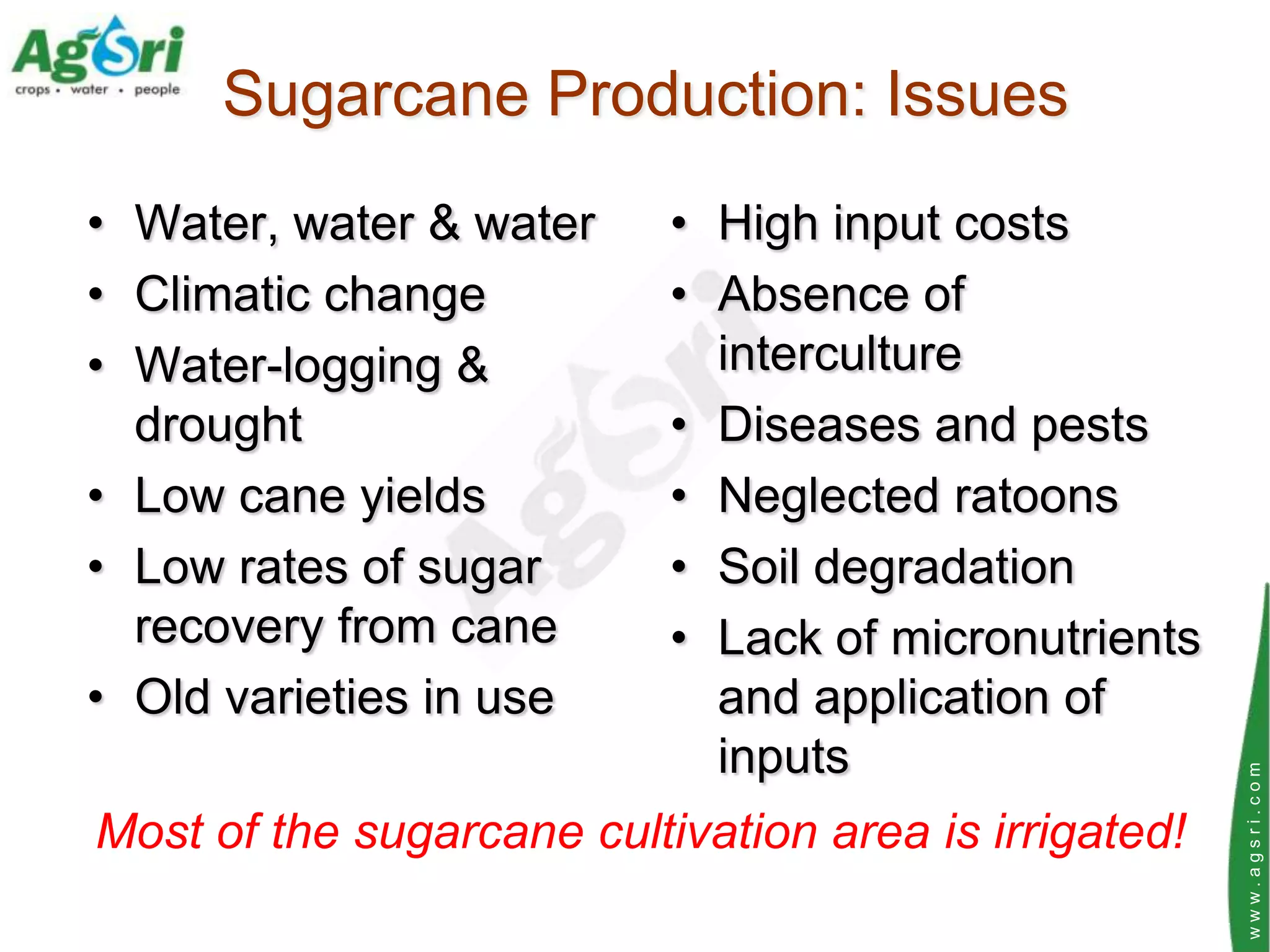 Sugarcane Production: Issues
• Water, water & water     • High input costs
• Climatic change          • Absence of
• Water-logging &            interculture
  drought                  • Diseases and pests
• Low cane yields          • Neglected ratoons
• Low rates of sugar       • Soil degradation
  recovery from cane       • Lack of micronutrients
• Old varieties in use       and application of
                             inputs




                                                       www.agsri.com
Most of the sugarcane cultivation area is irrigated!
 
