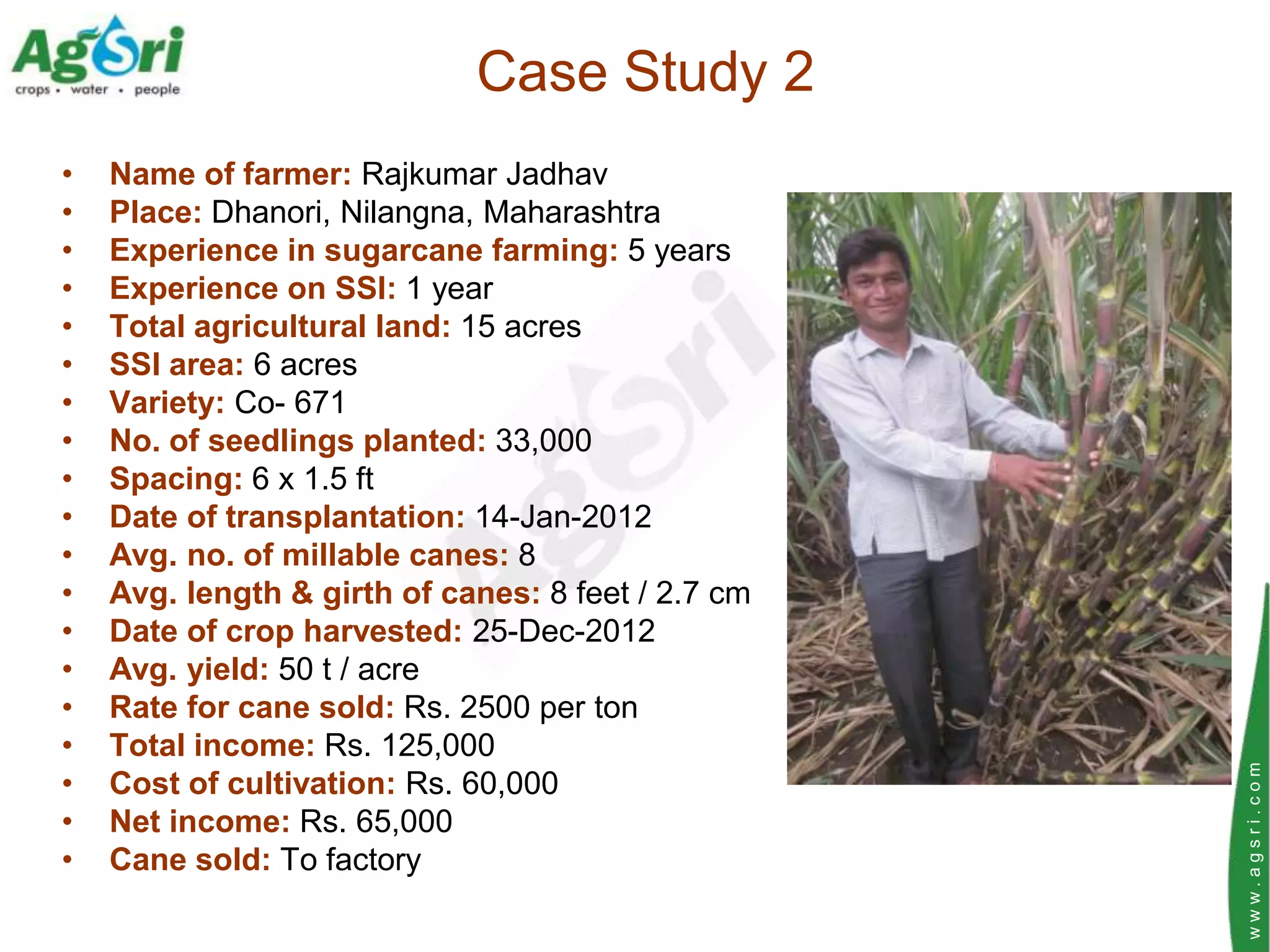Case Study 2
•   Name of farmer: Rajkumar Jadhav
•   Place: Dhanori, Nilangna, Maharashtra
•   Experience in sugarcane farming: 5 years
•   Experience on SSI: 1 year
•   Total agricultural land: 15 acres
•   SSI area: 6 acres
•   Variety: Co- 671
•   No. of seedlings planted: 33,000
•   Spacing: 6 x 1.5 ft
•   Date of transplantation: 14-Jan-2012
•   Avg. no. of millable canes: 8
•   Avg. length & girth of canes: 8 feet / 2.7 cm
•   Date of crop harvested: 25-Dec-2012
•   Avg. yield: 50 t / acre
•   Rate for cane sold: Rs. 2500 per ton
•   Total income: Rs. 125,000




                                                    www.agsri.com
•   Cost of cultivation: Rs. 60,000
•   Net income: Rs. 65,000
•   Cane sold: To factory
 