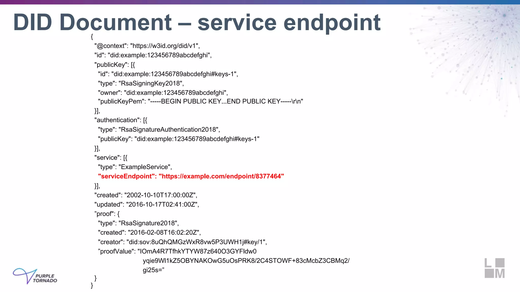 DID Document – service endpoint{
"@context": "https://w3id.org/did/v1",
"id": "did:example:123456789abcdefghi",
"publicKey": [{
"id": "did:example:123456789abcdefghi#keys-1",
"type": "RsaSigningKey2018",
"owner": "did:example:123456789abcdefghi",
"publicKeyPem": "-----BEGIN PUBLIC KEY...END PUBLIC KEY-----rn"
}],
"authentication": [{
"type": "RsaSignatureAuthentication2018",
"publicKey": "did:example:123456789abcdefghi#keys-1"
}],
"service": [{
"type": "ExampleService",
"serviceEndpoint": "https://example.com/endpoint/8377464"
}],
"created": "2002-10-10T17:00:00Z",
"updated": "2016-10-17T02:41:00Z",
”proof": {
"type": "RsaSignature2018",
"created": "2016-02-08T16:02:20Z",
"creator": "did:sov:8uQhQMGzWxR8vw5P3UWH1j#key/1",
”proofValue": "IOmA4R7TfhkYTYW87z640O3GYFldw0
yqie9Wl1kZ5OBYNAKOwG5uOsPRK8/2C4STOWF+83cMcbZ3CBMq2/
gi25s=”
}
}
 