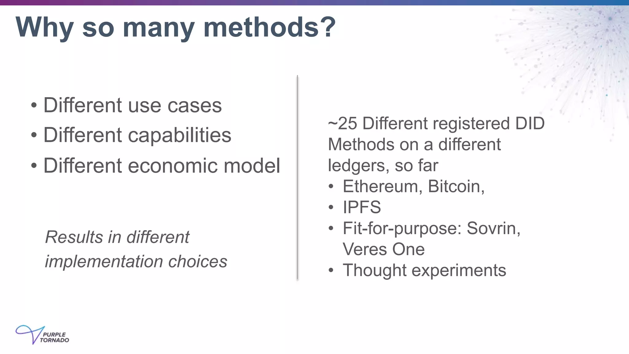 • Different use cases
• Different capabilities
• Different economic model
Results in different
implementation choices
~25 Different registered DID
Methods on a different
ledgers, so far
• Ethereum, Bitcoin,
• IPFS
• Fit-for-purpose: Sovrin,
Veres One
• Thought experiments
Why so many methods?
 