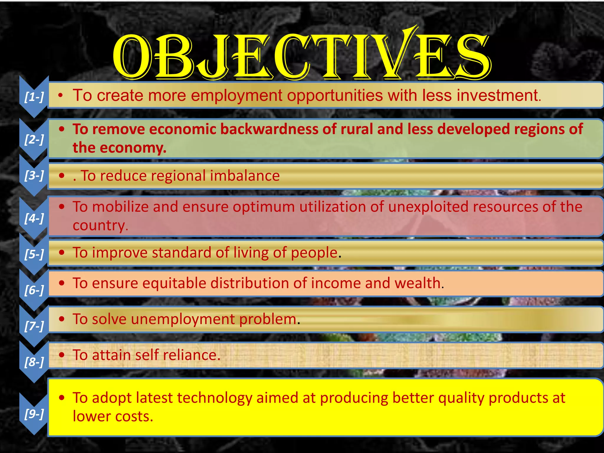 OBJECTIVES

[1-]

• To create more employment opportunities with less investment.

[2-]

• To remove economic backwardness of rural and less developed regions of
the economy.

[3-]

• . To reduce regional imbalance

[4-]

• To mobilize and ensure optimum utilization of unexploited resources of the
country.

[5-]

• To improve standard of living of people.

[6-]

• To ensure equitable distribution of income and wealth.

[7-]

• To solve unemployment problem.

[8-]

• To attain self reliance.

[9-]

• To adopt latest technology aimed at producing better quality products at
lower costs.

 