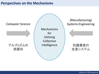 Perspectives on the Mechanisms

(Manufacturing)
Systems Engineering

Computer Science

르ꥺ
kչ

Mechanisms
for
Utilizing
Collective
Intelligence

֪RYb
bƥ

Hajime Mizuyama

 