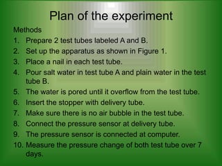 Plan of the experiment
Methods
1. Prepare 2 test tubes labeled A and B.
2. Set up the apparatus as shown in Figure 1.
3. Place a nail in each test tube.
4. Pour salt water in test tube A and plain water in the test
    tube B.
5. The water is pored until it overflow from the test tube.
6. Insert the stopper with delivery tube.
7. Make sure there is no air bubble in the test tube.
8. Connect the pressure sensor at delivery tube.
9. The pressure sensor is connected at computer.
10. Measure the pressure change of both test tube over 7
    days.
 