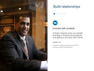A larger network gives you greater
leverage in finding new prospects
and getting in the door with clients.
Connect with contacts
EXPERT TIP
Connect with your network and with
prospects after introductions
Build relationships
 