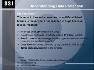 SSI
Security Software International                Understanding Data Protection
                                  Did you know?
                                  The impact of security breaches on well Established
                                  brands in recent years has resulted in huge financial
                                  losses, meaning:

                                   IP losses of $4.6B worldwide in 2008
                                   Data losses worldwide reportedly topped $1 trillion in 2008
                                   Two in three Australian organizations experienced a serious data
                                    breach in the last twelve months
                                   Over 900 flash drives collected by dry cleaner in ANZ in 2008
                                   12000 laptops/week lost in US airports



                                  Sources:
                                   January 2009 MacAfee findings for Davos World Economic Forum
                                   www.ponemon.org
                                     www.ironkey.com
 