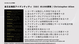 自己主権型アイデンティティ（SSI）の10の原則 / Christopher Allen
SSI DIDs VCs入門資料
https://twitter.com/alexanderchopan/status/1567634516960763905/photo/1
ユーザーは独立した存在であるべき
自らのアイデンティは自分で管理すべき
自らのデータにアクセスできるべき
システムとアルボリズムは透明性があるべき
アイデンティは持続性を持つべき
アイデンティに関する情報とサービスは転送可能
であるべき
相互運用性を高めるべき
アイデンティが利用されることに同意すべき
データ開示の請求は最小限に留められるべき
ユーザーの権利は保護されるべき
1.
2.
3.
4.
5.
6.
7.
8.
9.
10.
https://github.com/WebOfTrustInfo/self-sovereign-
identity/blob/master/self-sovereign-identity-principles.md
 