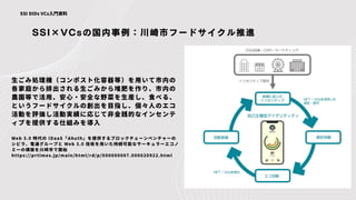 SSI×VCsの国内事例：川崎市フードサイクル推進
SSI DIDs VCs入門資料
生ごみ処理機（コンポスト化容器等）を用いて市内の
各家庭から排出される生ごみから堆肥を作り、市内の
農園等で活用、安心・安全な野菜を生産し、食べる、
というフードサイクルの創出を目指し、個々人のエコ
活動を評価し活動実績に応じて非金銭的なインセンテ
ィブを提供する仕組みを導入
Web 3.0 時代の IDaaS「dAuth」を提供するブロックチェーンベンチャーの
シビラ、電通グループと Web 3.0 技術を用いた持続可能なサーキュラーエコノ
ミーの構築を川崎市で開始
https://prtimes.jp/main/html/rd/p/000000007.000020922.html
 