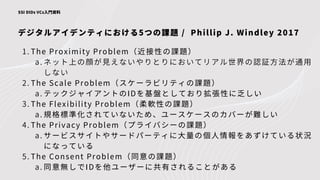 デジタルアイデンティにおける5つの課題 / Phillip J. Windley 2017
SSI DIDs VCs入門資料
The Proximity Problem（近接性の課題）
ネット上の顔が見えないやりとりにおいてリアル世界の認証方法が通用
しない
The Scale Problem（スケーラビリティの課題）
テックジャイアントのIDを基盤としており拡張性に乏しい
The Flexibility Problem（柔軟性の課題）
規格標準化されていないため、ユースケースのカバーが難しい
The Privacy Problem（プライバシーの課題）
サービスサイトやサードパーティに大量の個人情報をあずけている状況
になっている
The Consent Problem（同意の課題）
同意無しでIDを他ユーザーに共有されることがある
1.
a.
2.
a.
3.
a.
4.
a.
5.
a.
 