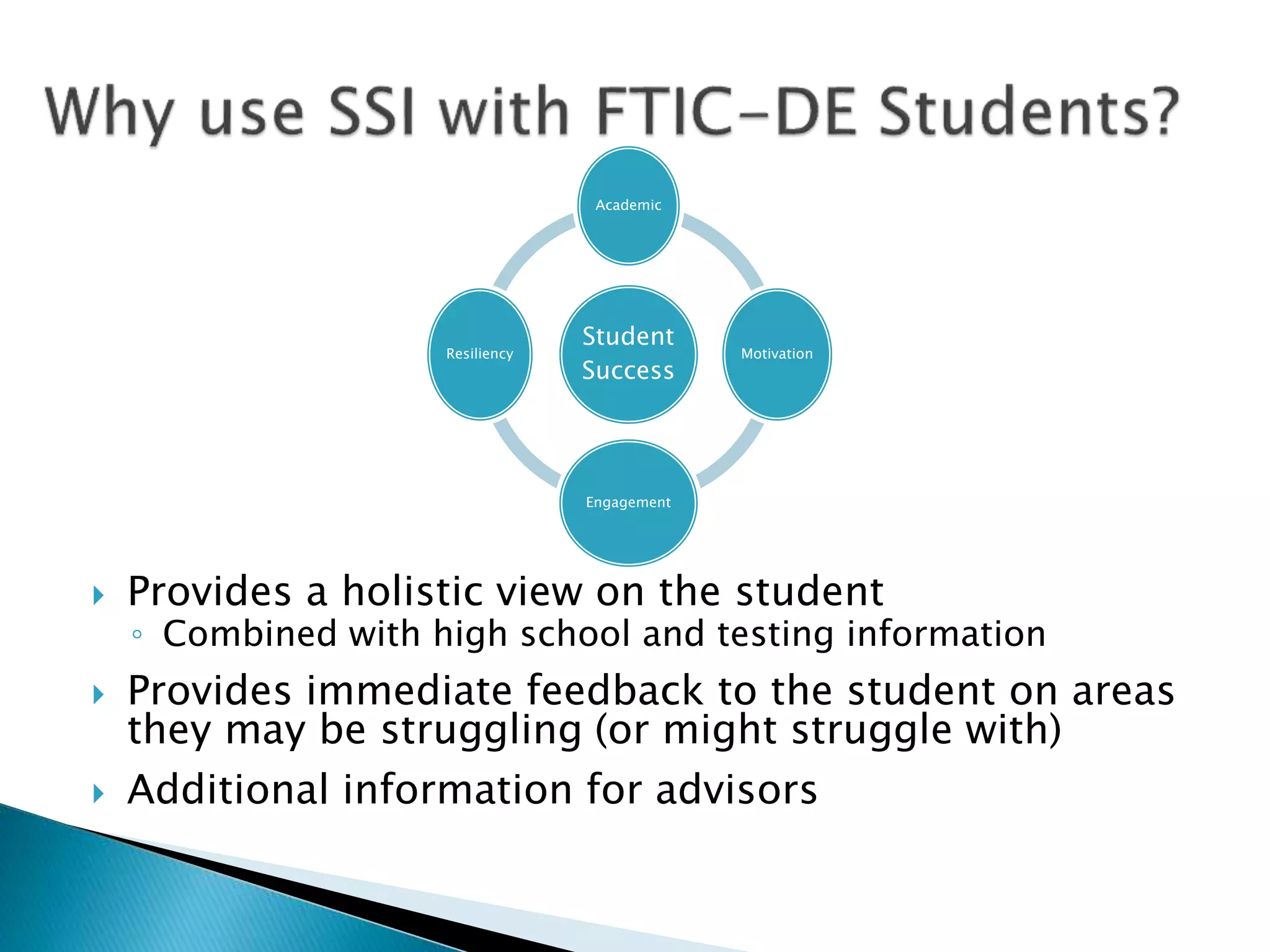  Provides a holistic view on the student
◦ Combined with high school and testing information
 Provides immediate feedback to the student on areas
they may be struggling (or might struggle with)
 Additional information for advisors
Student
Success
Academic
Motivation
Engagement
Resiliency
 