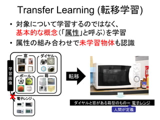 Transfer Learning (転移学習)
• 対象について学習するのではなく、
  基本的な概念（「属性」と呼ぶ）を学習
• 属性の組み合わせで未学習物体も認識
      窓     ダイヤル


学
習
    ボール      箱...