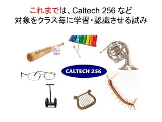これまでは、Caltech 256 など
対象をクラス毎に学習・認識させる試み
 