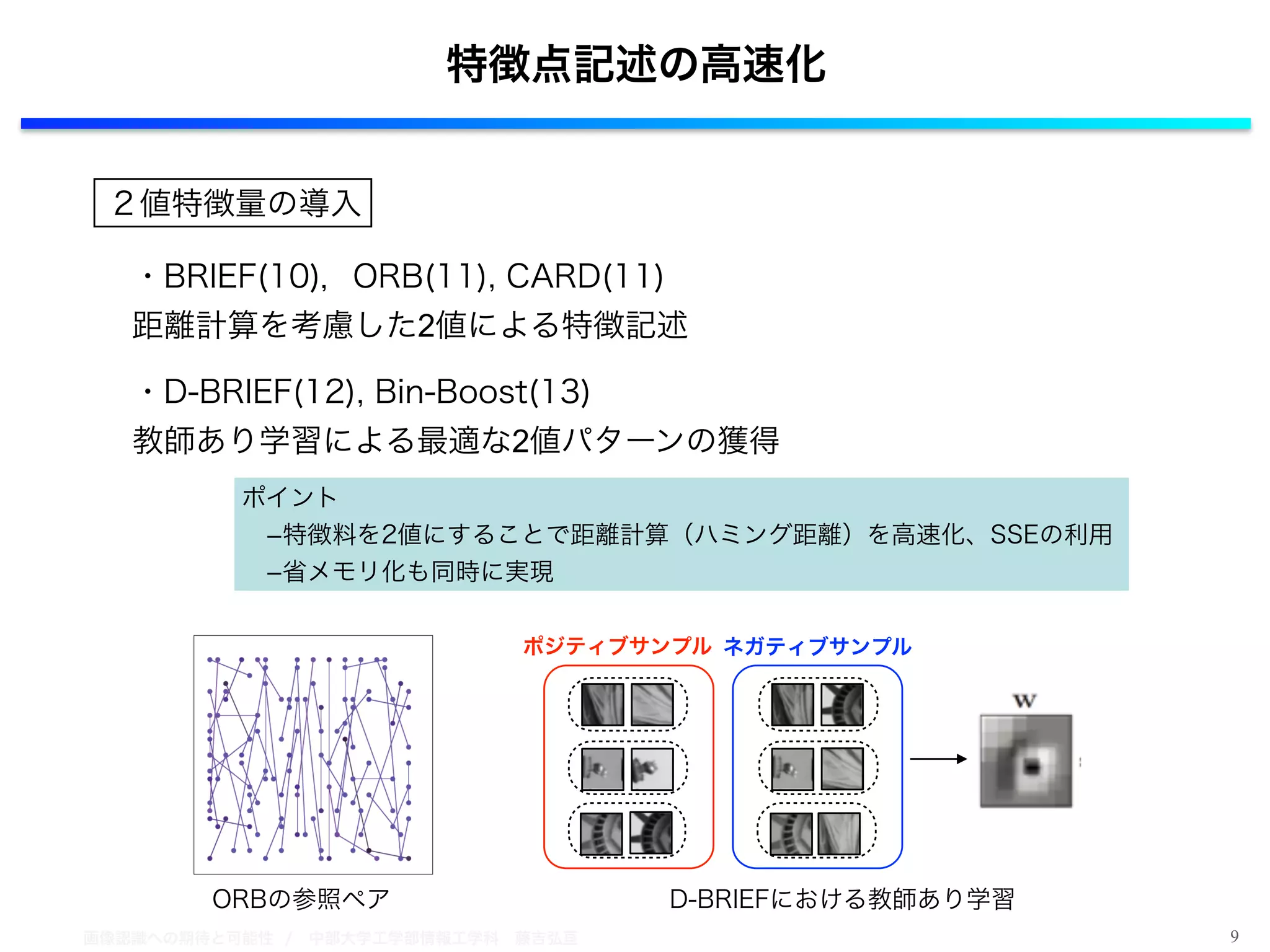 画像認識への期待と可能性 / 中部大学工学部情報工学科 藤吉弘亘 9
特徴点記述の高速化
２値特徴量の導入
・BRIEF(10)，ORB(11), CARD(11)
距離計算を考慮した2値による特徴記述
・D-BRIEF(12), Bin-Boost(13)
教師あり学習による最適な2値パターンの獲得
ポイント
 ­特徴料を2値にすることで距離計算（ハミング距離）を高速化、SSEの利用
 ­省メモリ化も同時に実現
ポジティブサンプル ネガティブサンプル
ORBの参照ペア D-BRIEFにおける教師あり学習
 