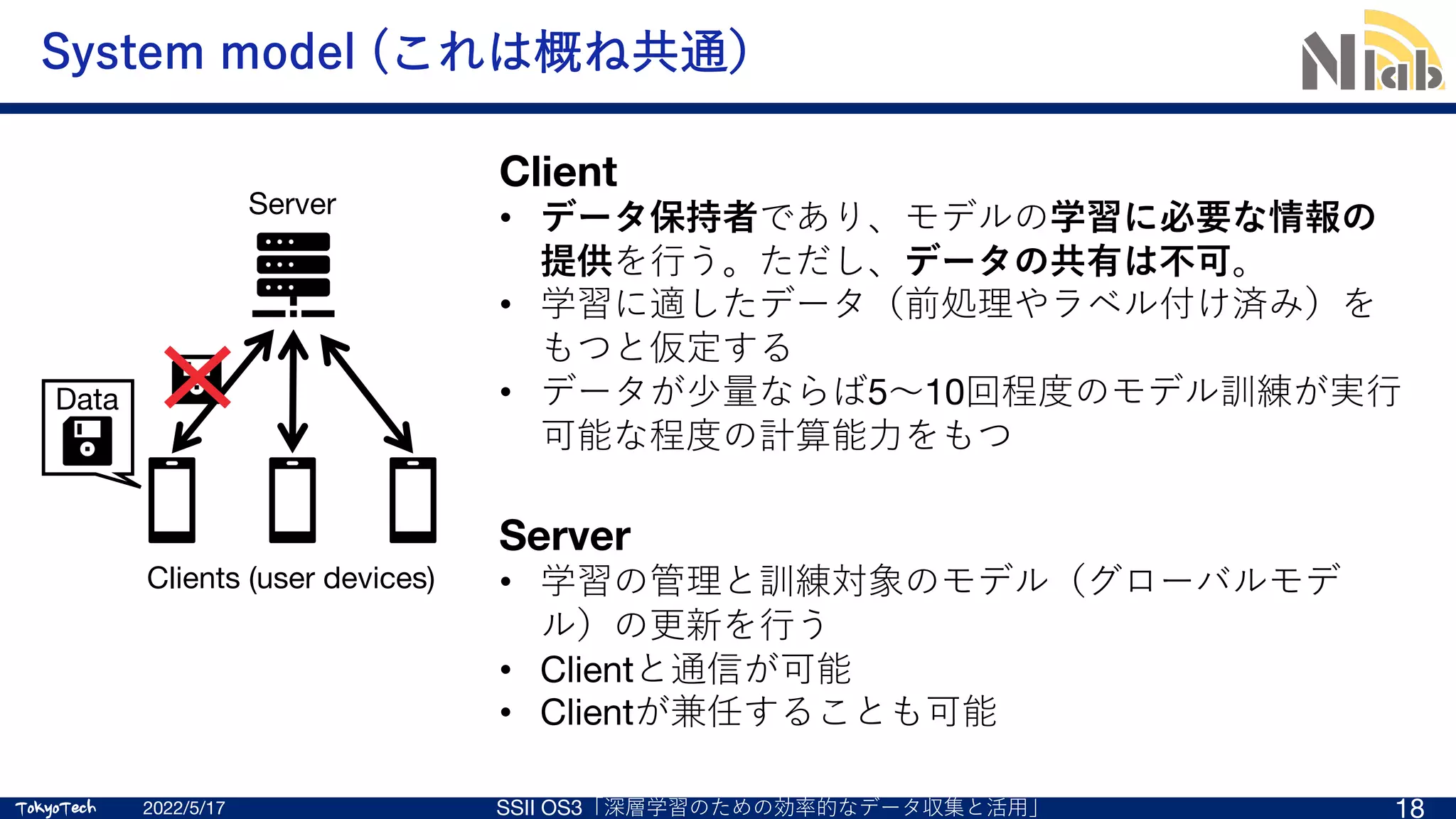 TokyoTech
TokyoTech
System model (これは概ね共通）
2022/5/17 SSII OS3「深層学習のための効率的なデータ収集と活⽤」 18
Server
Clients (user devices)
Data
Client
• データ保持者であり、モデルの学習に必要な情報の
提供を⾏う。ただし、データの共有は不可。
• 学習に適したデータ（前処理やラベル付け済み）を
もつと仮定する
• データが少量ならば5〜10回程度のモデル訓練が実⾏
可能な程度の計算能⼒をもつ
Server
• 学習の管理と訓練対象のモデル（グローバルモデ
ル）の更新を⾏う
• Clientと通信が可能
• Clientが兼任することも可能
 