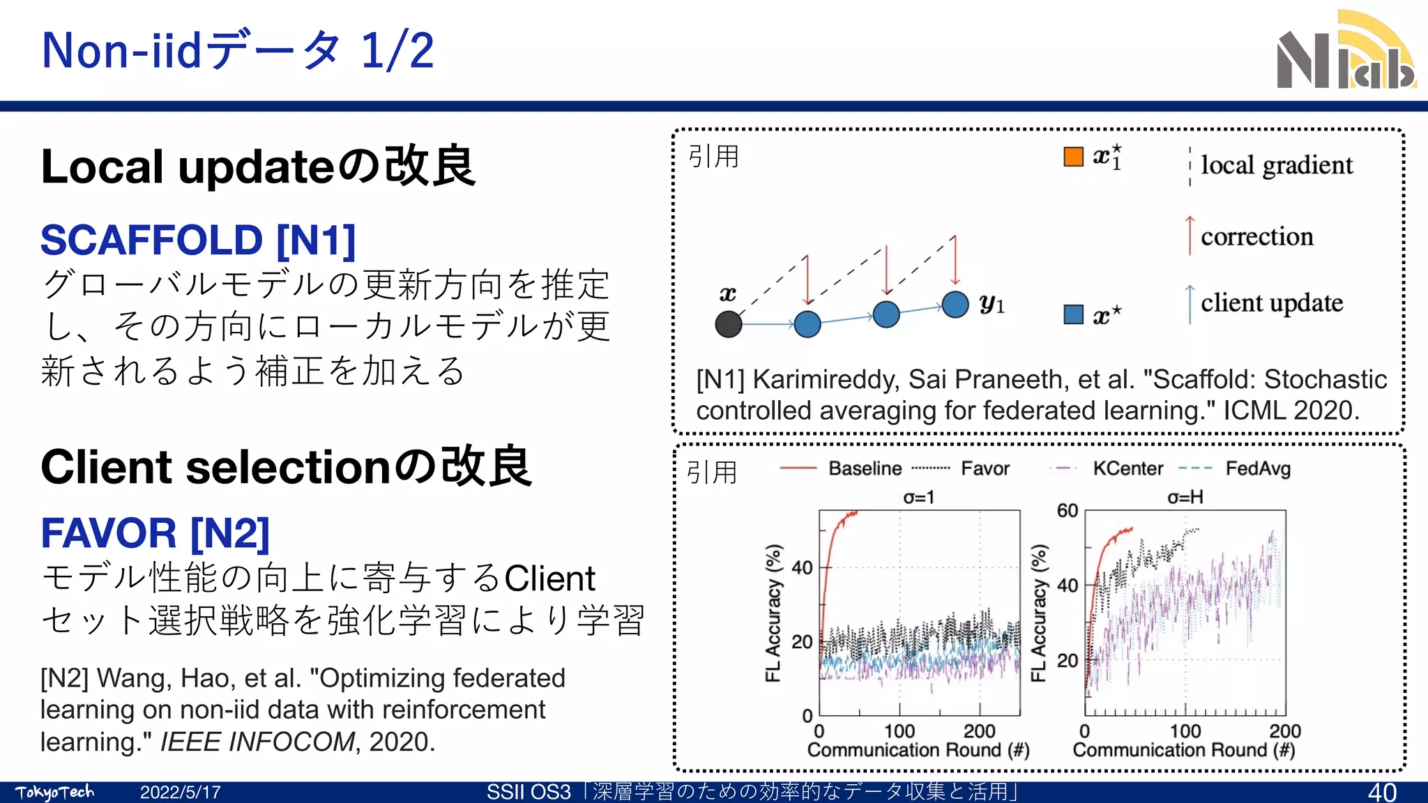 TokyoTech
TokyoTech
Non-iidデータ 1/2
Local updateの改良
2022/5/17 SSII OS3「深層学習のための効率的なデータ収集と活⽤」 40
SCAFFOLD [N1]
グローバルモデルの更新⽅向を推定
し、その⽅向にローカルモデルが更
新されるよう補正を加える [N1] Karimireddy, Sai Praneeth, et al. "Scaffold: Stochastic
controlled averaging for federated learning." ICML 2020.
引⽤
[N2] Wang, Hao, et al. "Optimizing federated
learning on non-iid data with reinforcement
learning." IEEE INFOCOM, 2020.
Client selectionの改良
FAVOR [N2]
モデル性能の向上に寄与するClient
セット選択戦略を強化学習により学習
引⽤
 